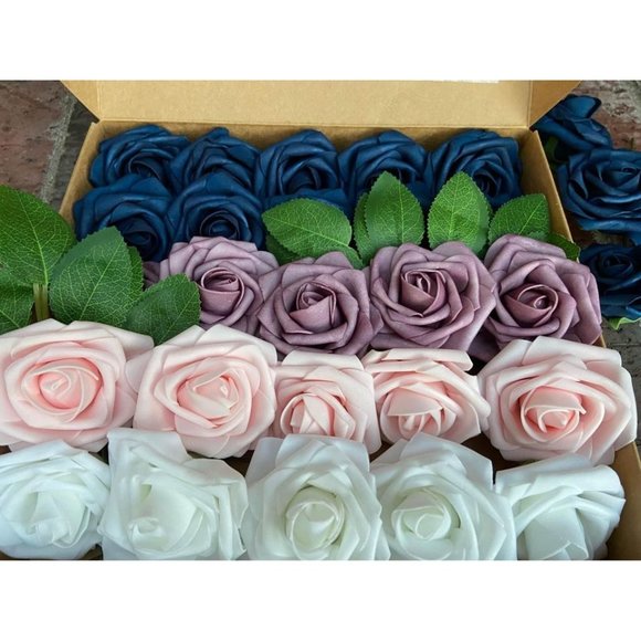 25 Count | Navy Blue, Dusty Purple White & Blush Artificial Flowers - Picture 2 of 3